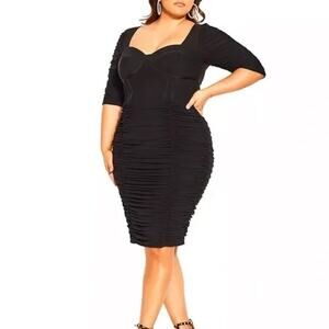 Black Ruched Midi Dress with Sweetheart Neckline